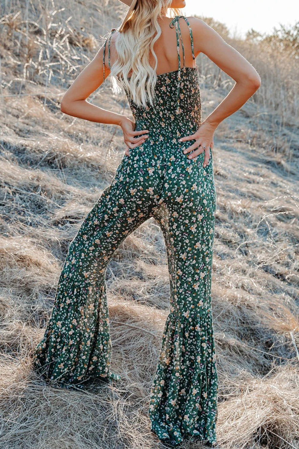 Hippie Pant Retro One-piece Smocked Tiered Wide Leg Bell Bottom Jumpsuit Floral