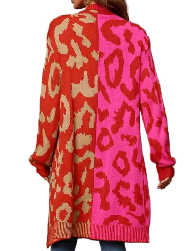 Colorblock Leopard Print Longline Button Front Long Sleeve Oversized Cardigan