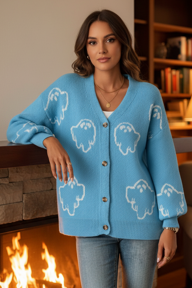 Contrast Knit Ghost V-Neck Button Front Cardigan Halloween Long Sleeve Pullover