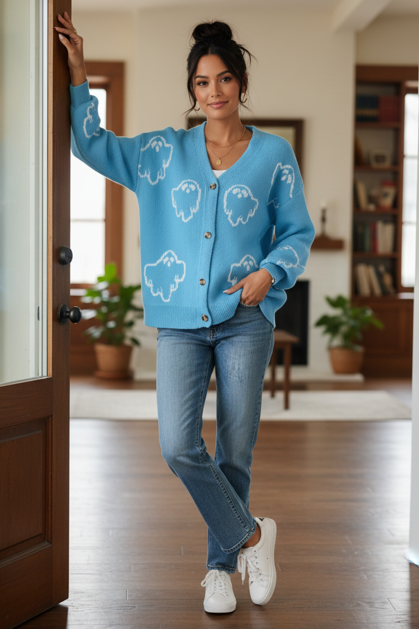 Contrast Knit Ghost V-Neck Button Front Cardigan Halloween Long Sleeve Pullover