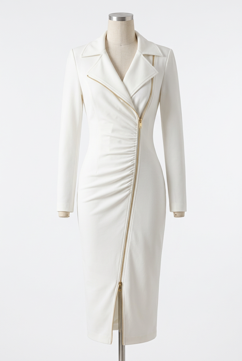 Asymmetrical Zip Front Blazer Dress Notched Lapel Long Sleeve Fitted Midi
