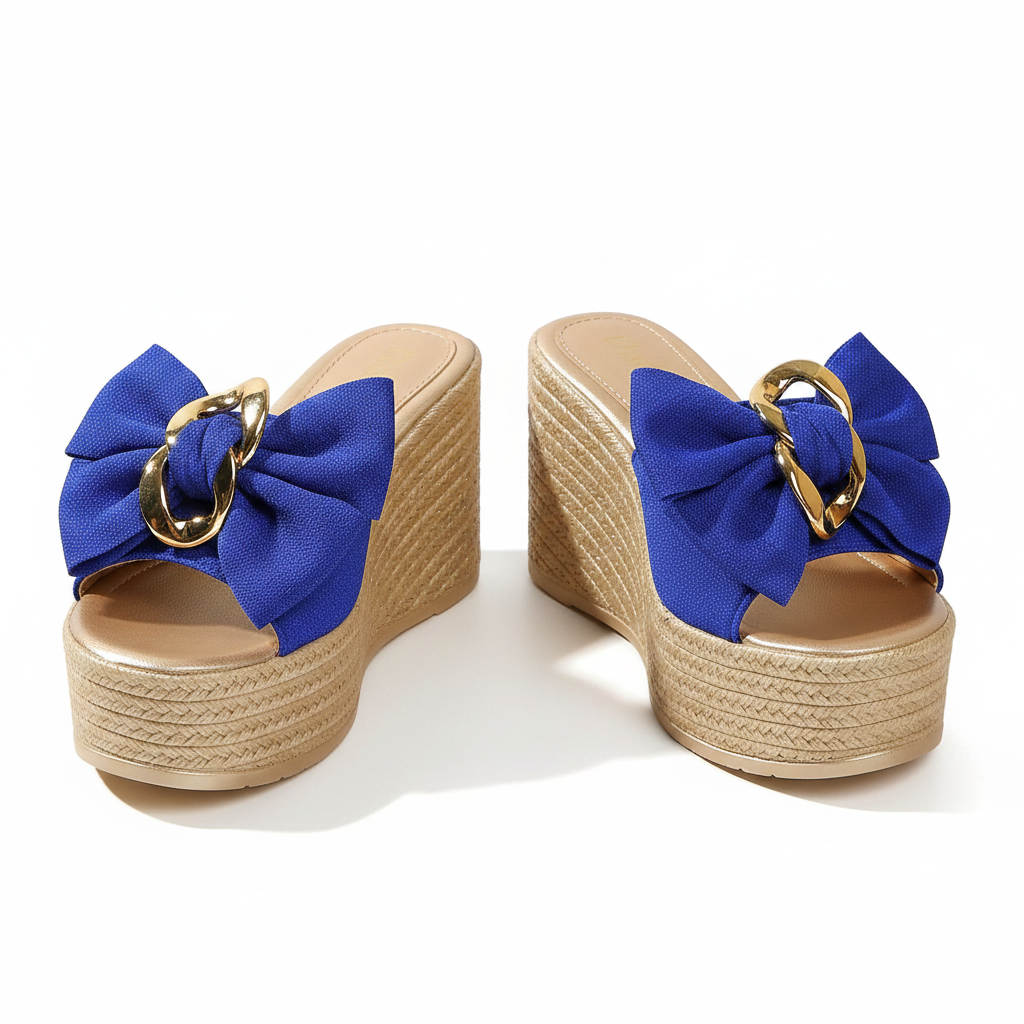 Gold Chain Oversized Bow Platform Open Toe Shoes Slip On Coquette Sandals