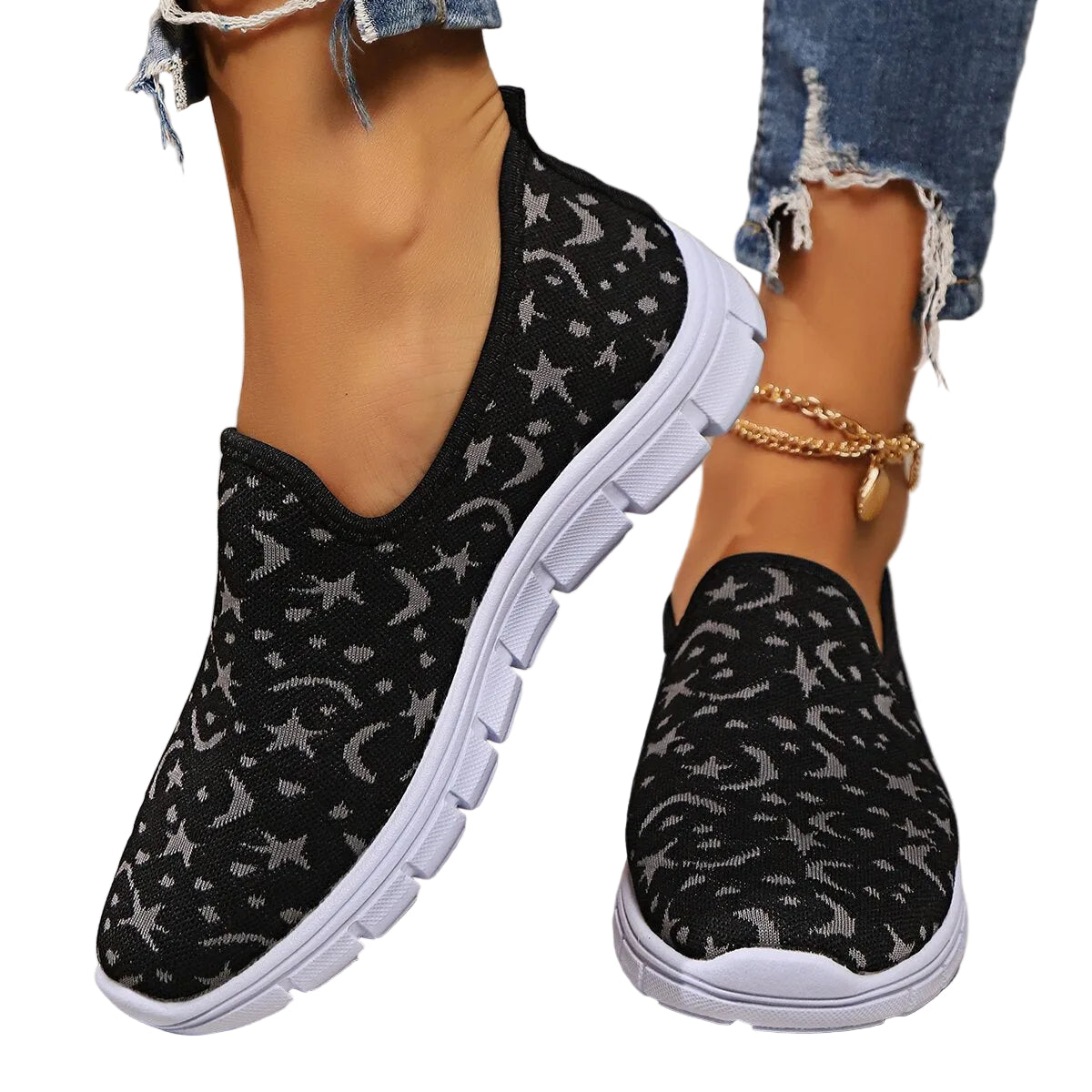 Celestial Star Moon Stretch Knit Slip-On Sneakers Color Contrasting Casual Shoes