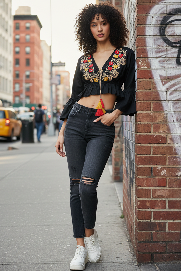 POL Cotton Beaded Tassel Tie Embroidered Floral Peasant Blouse Cropped Ruffle Hem Top Black