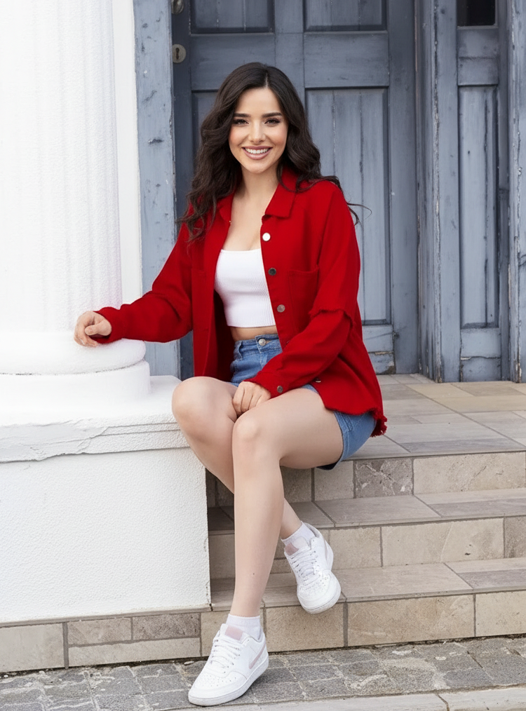 Lightweight Raw Hem Button-Up Shacket Oversized Boyfriend Exposed Seam Denim Jacket