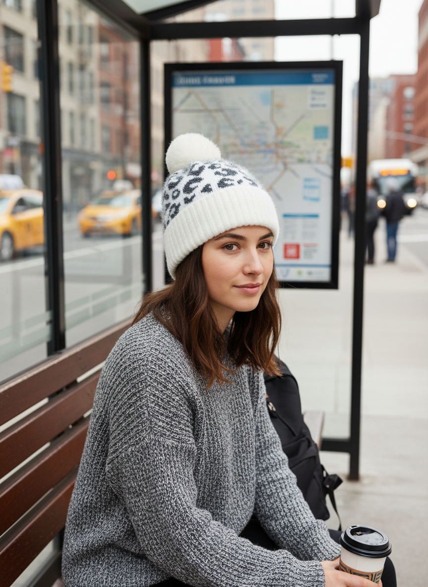 Fuzzy Eyelash Knit Leopard Faux Rabbit Fur Pom-Pom Beanie Winter Skullcap Pull-on Hat Adult