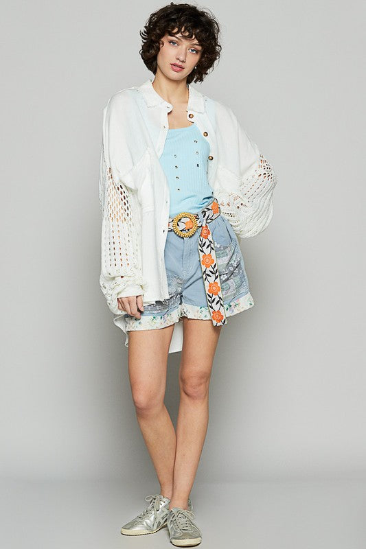 POL Crochet Patchwork Oversized Button-Up Blouse Long Sleeve High-low Gauze Shirt