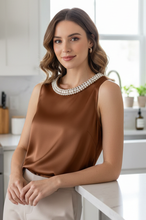 Faux Pearl Embellished Satin Sleeveless Blouse Round Neck Classy Statement Top