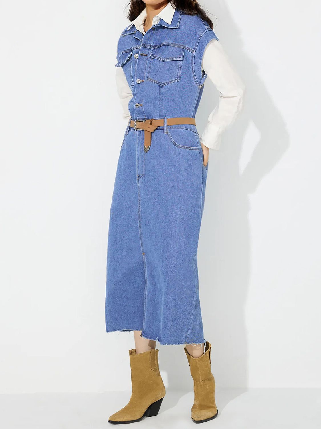 Denim Jacket Dress Pocket Chest Jean Collared Midi Half Button Slit Front