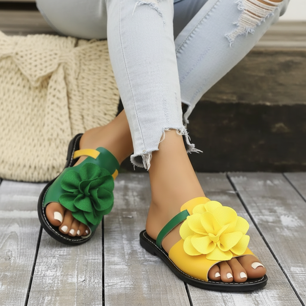 Large 3D Flower Slides Open Toe Slip-On Flats Sandals Color Contrasting Two-Tone Shoes