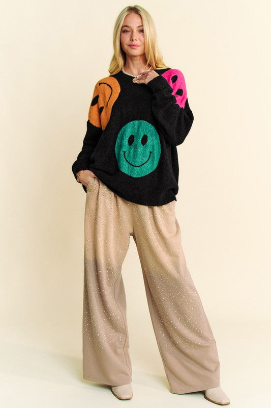 DAVI & DANI Knit Smiley Face Contrast Long Sleeve Oversized Pullover Sweater Top