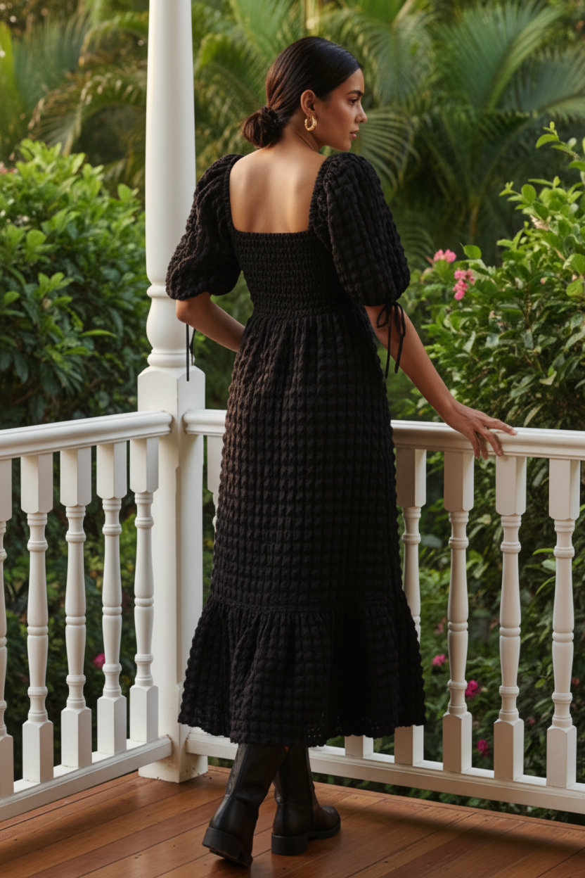 3D Popcorn Bubble Textured Sweetheart Neck Short Sleeve Smocked Back Tiered Midi Dress