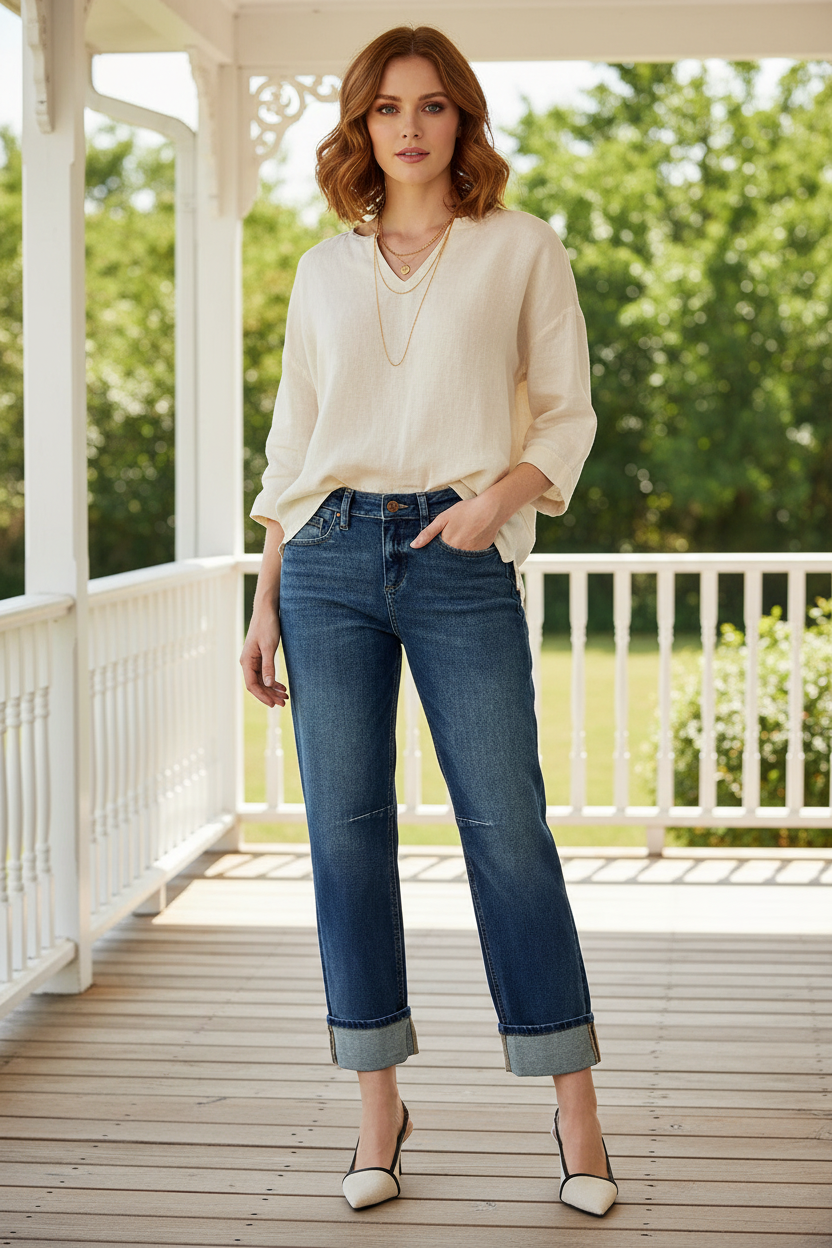 Risen High-Rise Boyfriend Fit Crop Baggy Jeans Barrel Leg Cuff Hem Denim Pants