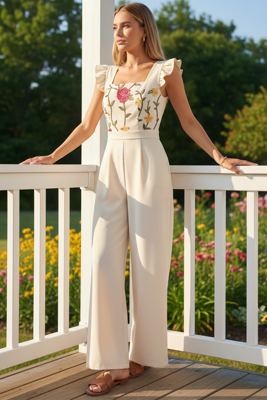 Embroidered Floral Ruffle Shoulder High Waist Pleated One-Piece Wide Leg Pant Jumpsuit