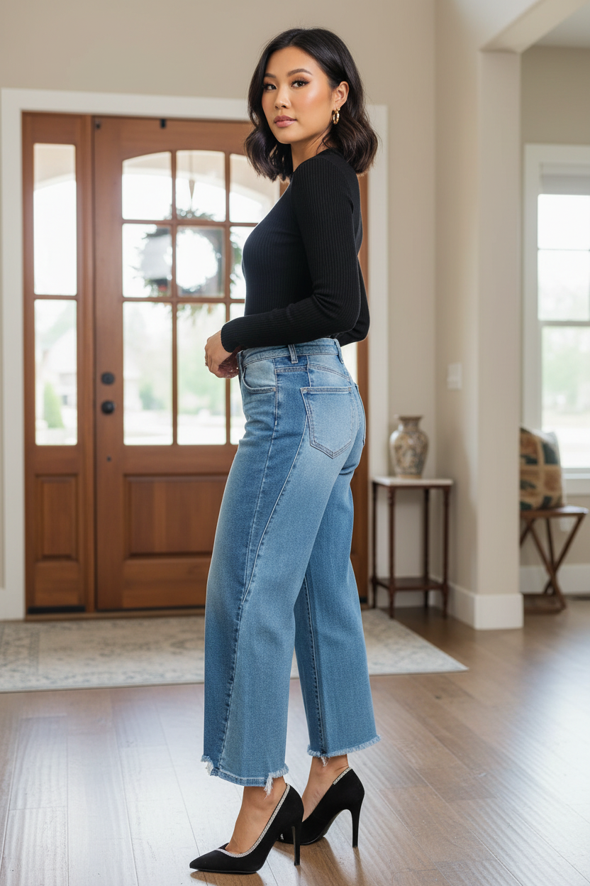 Risen High-Rise Baggy Tapered Barrel Jeans Two-Tone Denim Crop Raw Hem Pants Plus Size Available
