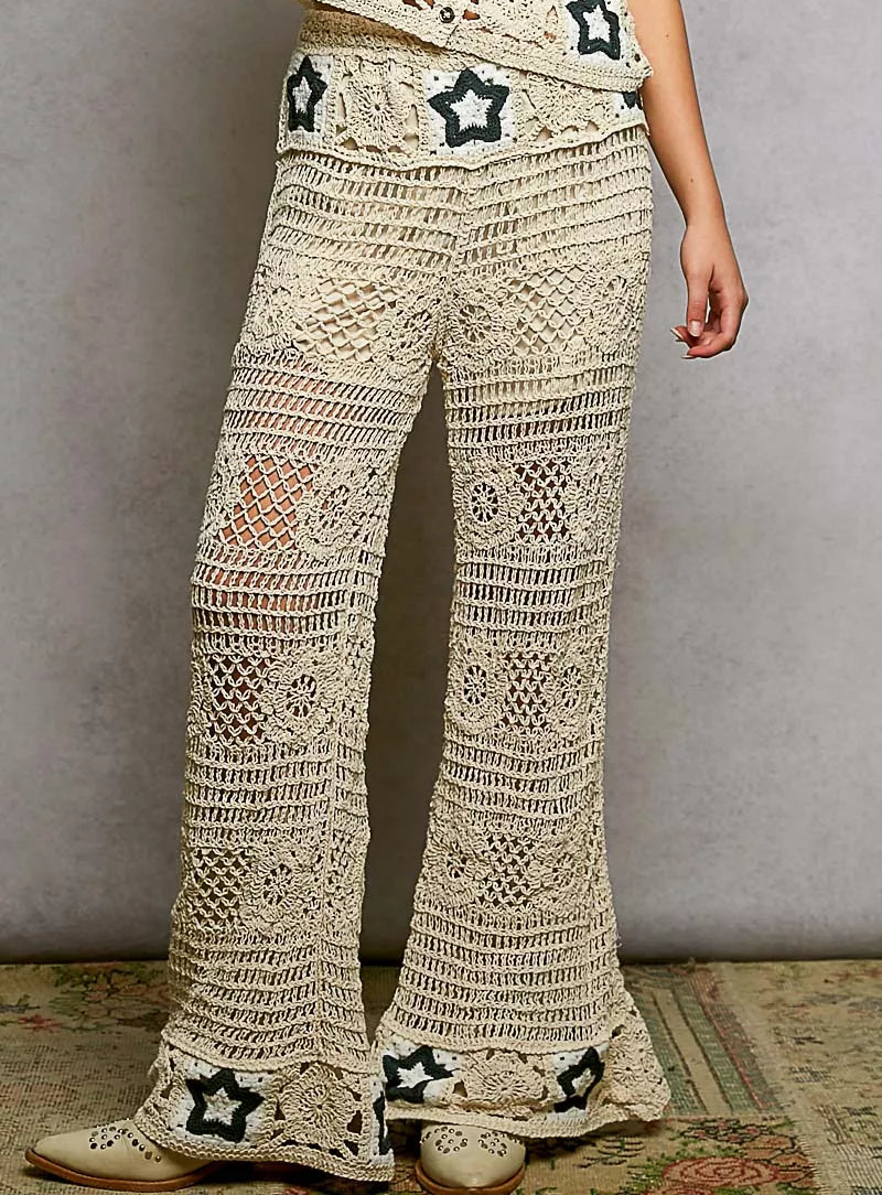 POL High-Rise Star Patchwork Openwork Granny Crochet Flare Leg Retro 70’s Pants Indigo Blue