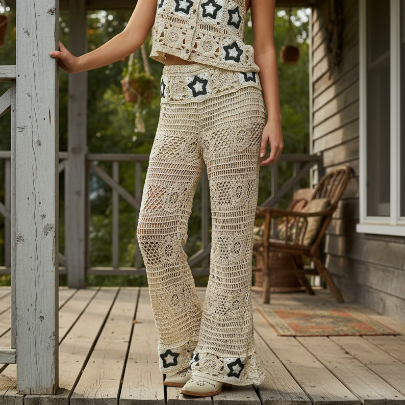 POL High-Rise Star Patchwork Openwork Granny Crochet Flare Leg Retro 70’s Pants Indigo Blue