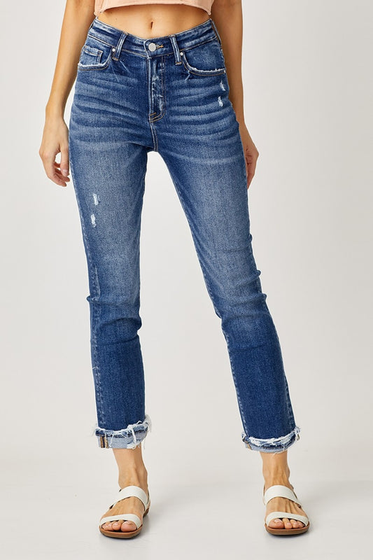 RISEN Retro High-Rise Distressed Mom Jeans Straight Leg Cuffed Raw Denim Pants