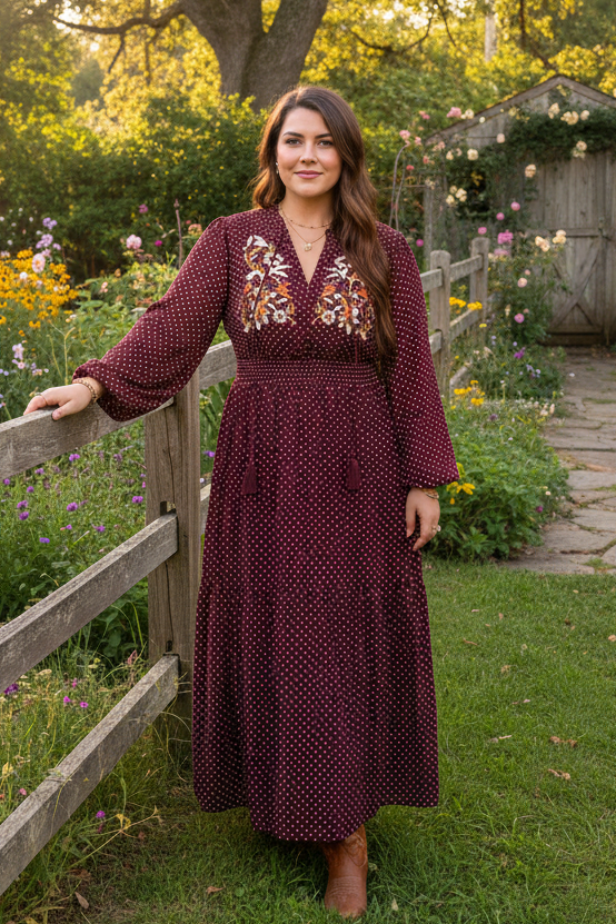 Embroidered Polka Dot Tassel Tie Neck Long Sleeve Tiered Boho Midi Dress