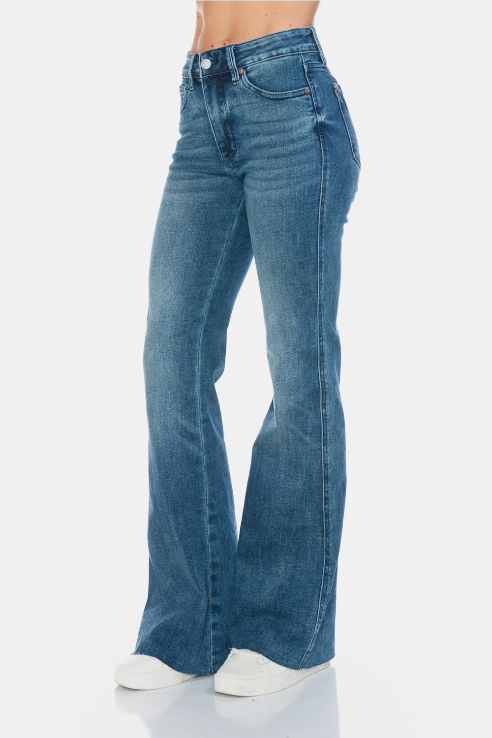 Judy Blue Tummy Control Mid-Rise Jeans Slim Fit Tapered Flare Cut-off Denim Pants