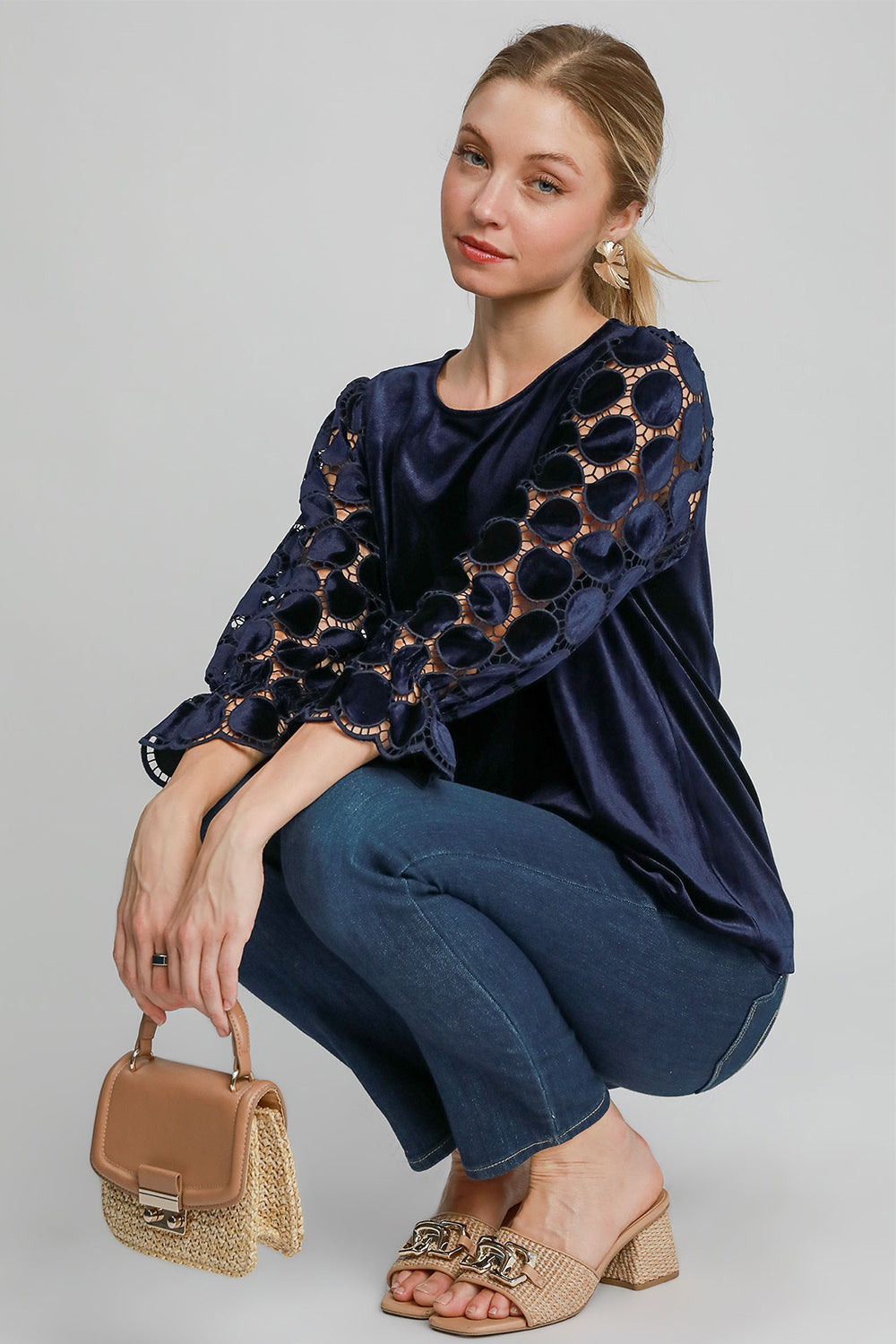 Umgee Lace Velvet Retro Top Sheer Polka-dot Ruffle Long Sleeve Shirt Boho Blouse