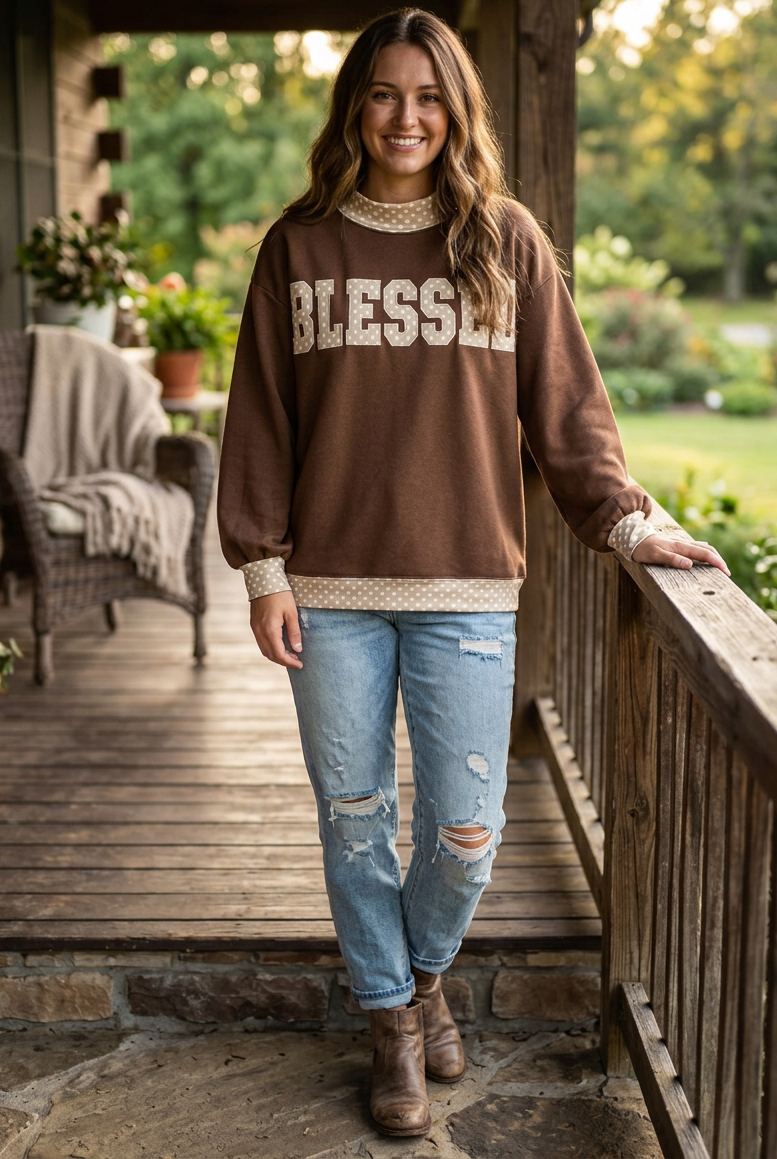 Blessed Polka Dot Mock Neck Religious Baggy Sweatshirt Fuzzy inside
