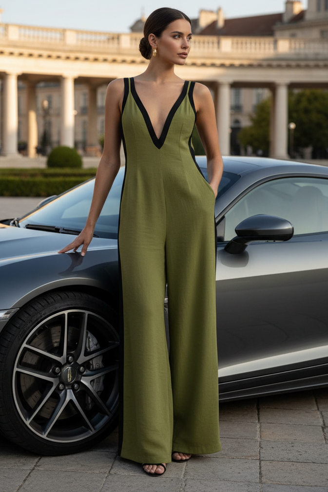 Contrasting Deep V-Neck Wide Leg Pants Sleeveless One-Piece Zipper Back Jumpsuit