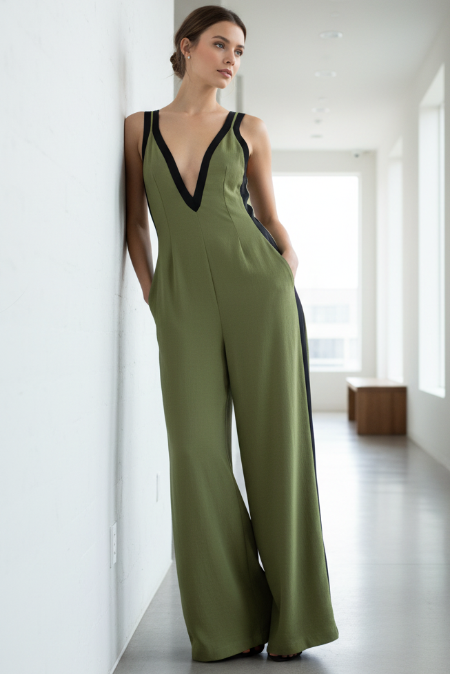 Contrasting Deep V-Neck Wide Leg Pants Sleeveless One-Piece Zipper Back Jumpsuit