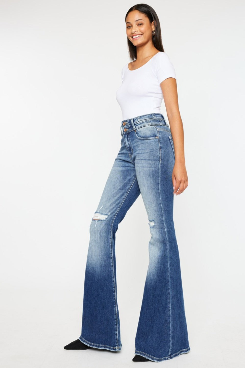 KanCan High-Rise Retro Flare Bell Bottom Pants Slim Fit Distressed Denim Jeans