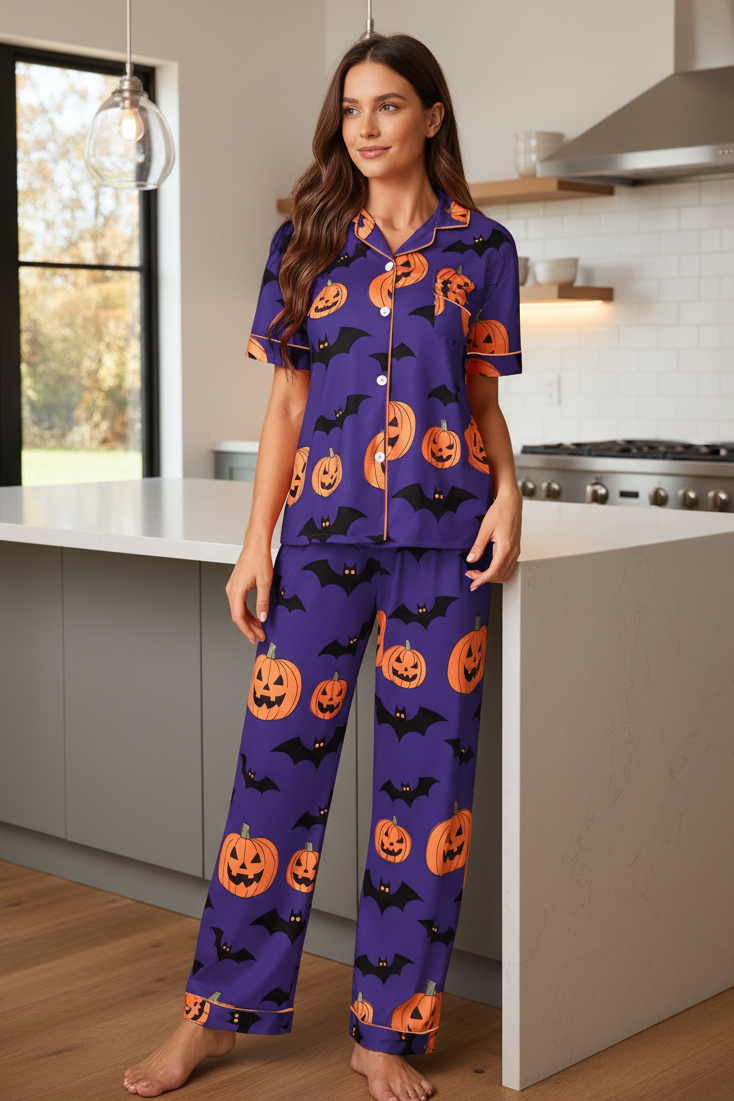 Spooky Pumpkin Bat Button-Down Short Sleeve Halloween Pajama Pants Loungewear Set