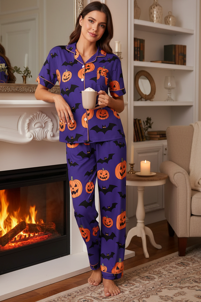 Spooky Pumpkin Bat Button-Down Short Sleeve Halloween Pajama Pants Loungewear Set