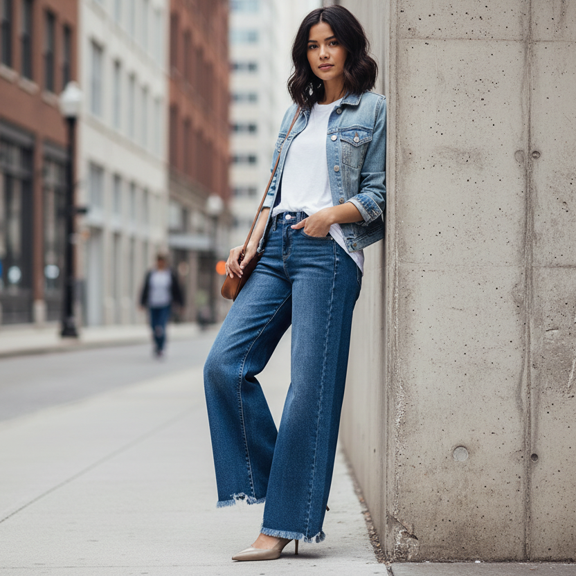 Risen High Rise Ultra Wide Leg Ankle Jeans Raw Frayed Hem Denim Relaxed Fit Pants