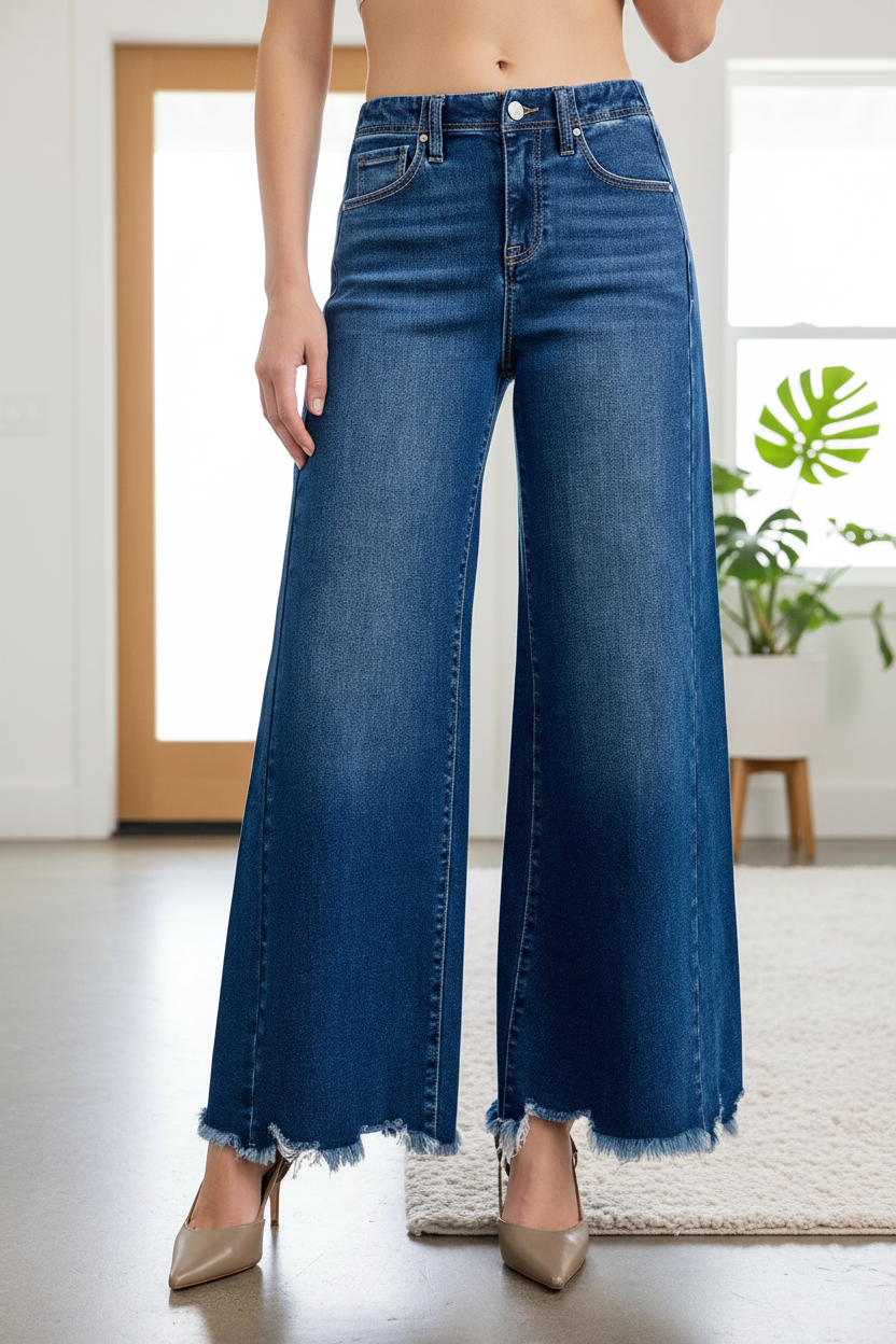 Risen High Rise Ultra Wide Leg Ankle Jeans Raw Frayed Hem Denim Relaxed Fit Pants