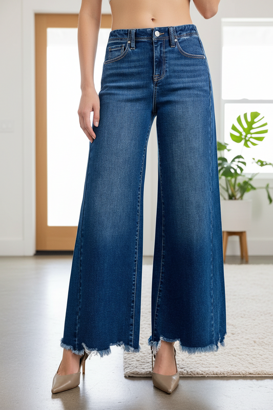 Risen High Rise Ultra Wide Leg Ankle Jeans Raw Frayed Hem Denim Relaxed Fit Pants