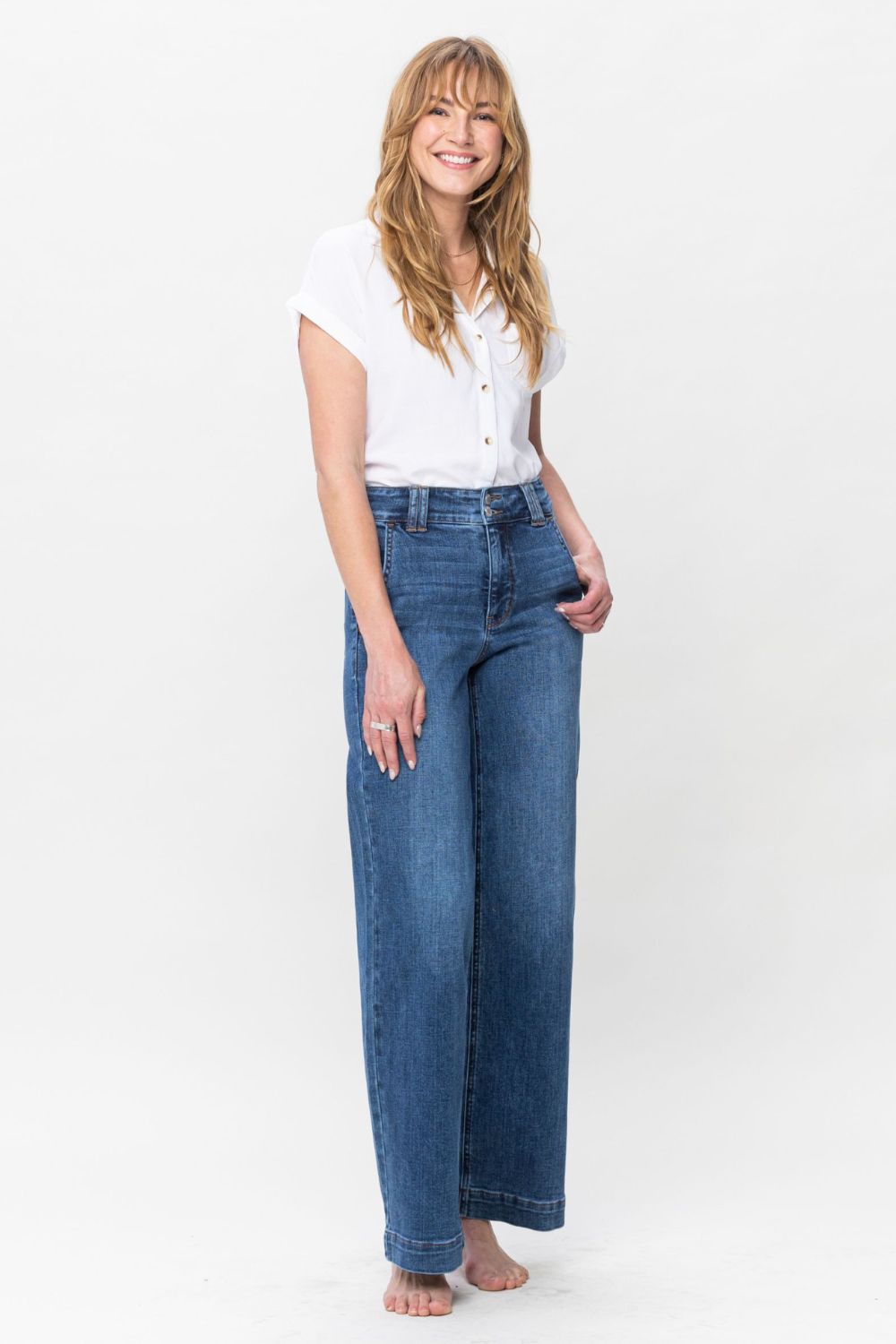 Judy Blue High-Rise Boyfriend Jeans Double Button Relaxed Wide Leg Denim Pants