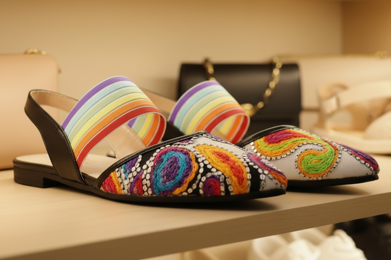 Embroidered Artsey Rainbow Contrast Elastic Top Point Toe Slingback Sandals