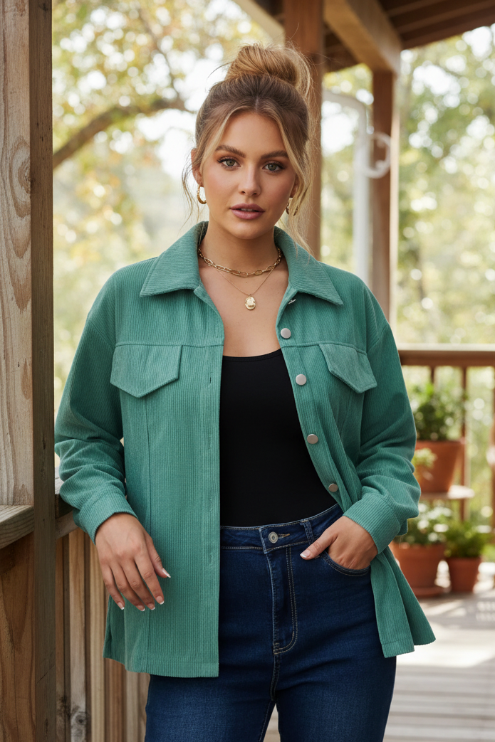 Retro Corduroy Button-Down Collared Shacket Lightweight Chest Pocket Jacket