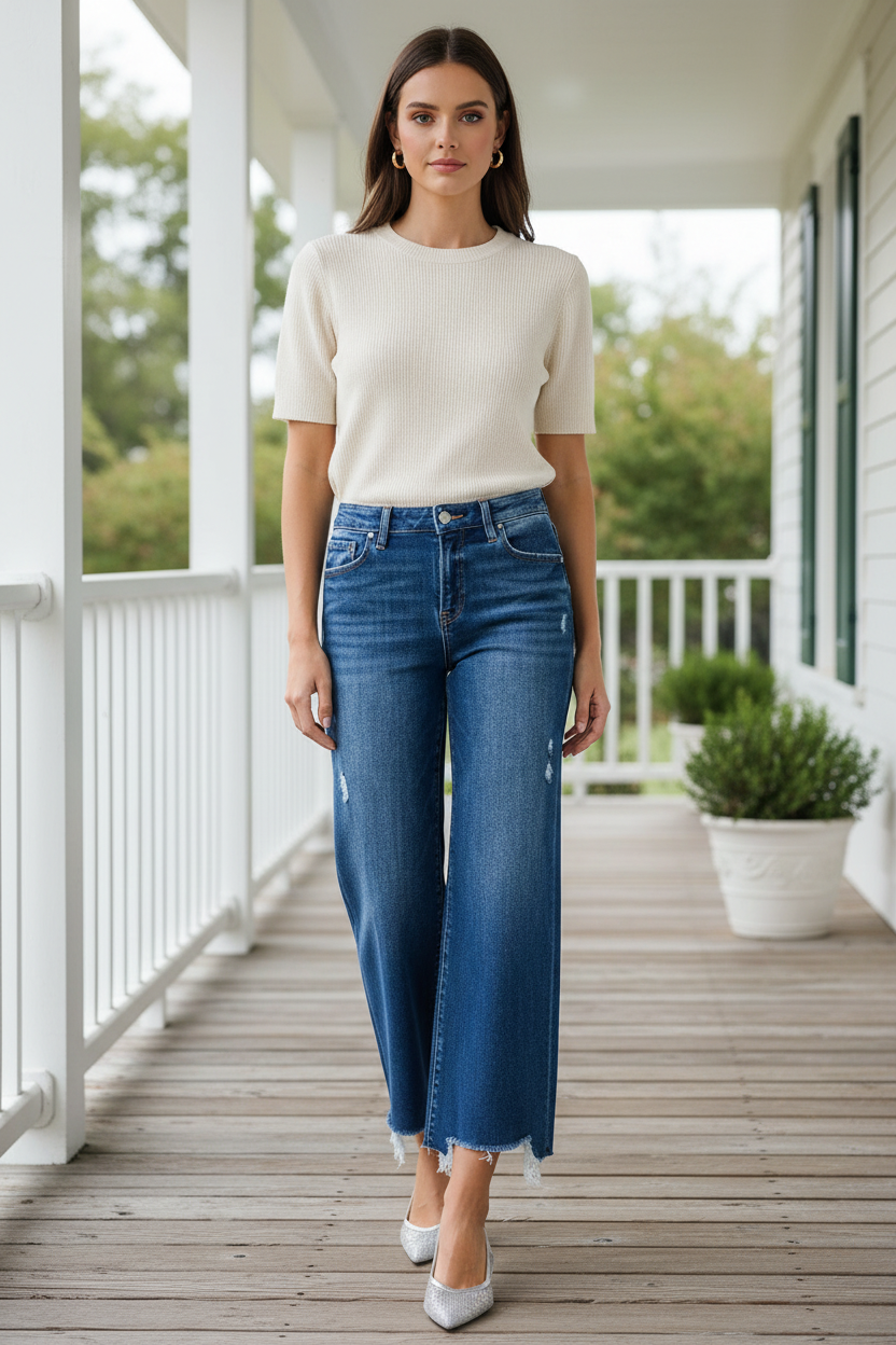 Risen High-Rise Relaxed Wide Leg Pants Distressed Cropped Frayed Hem Denim Jeans