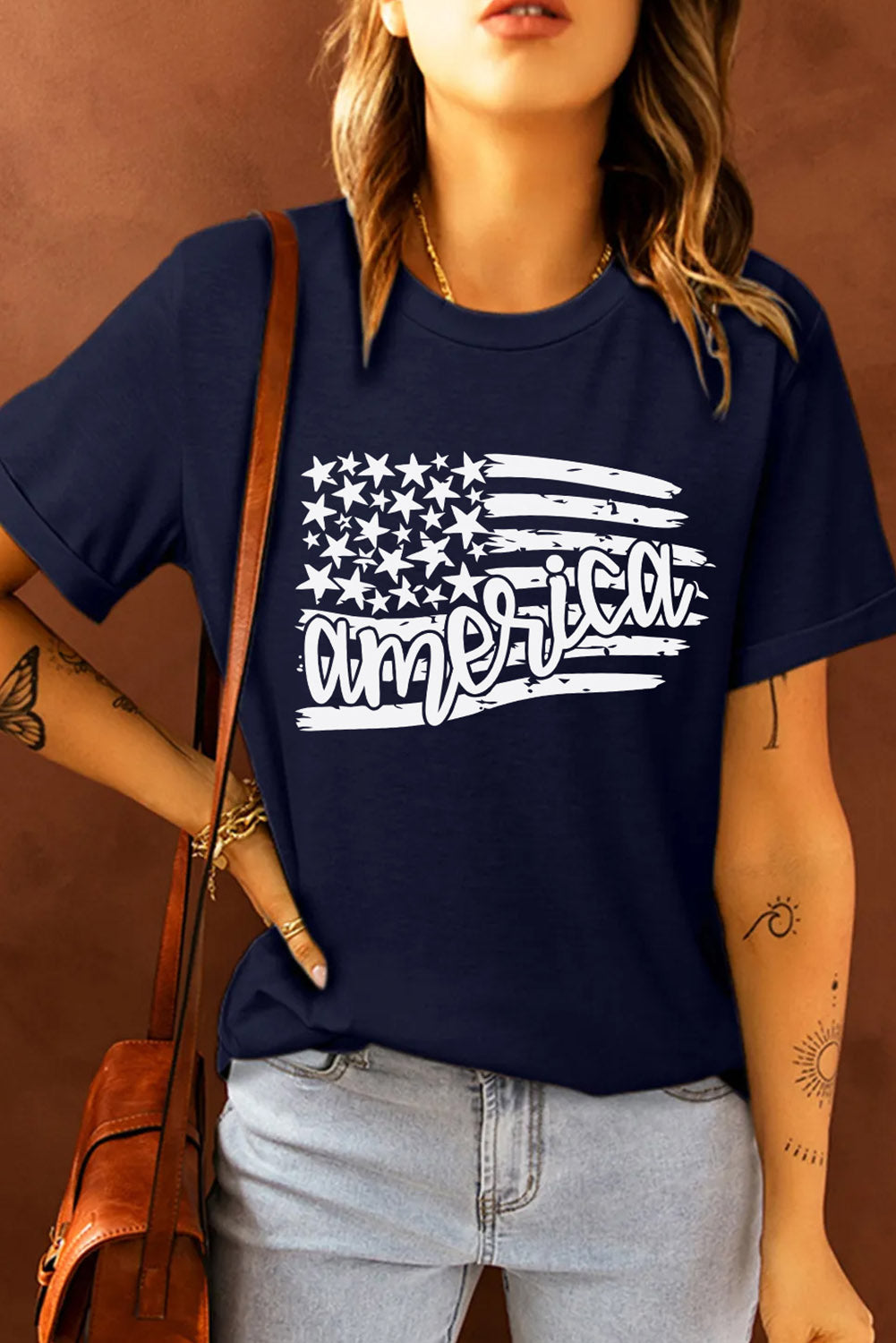 America Flag Graphic Top Classic Patriotic Cuffed Short Sleeve Womans Shirt Blue