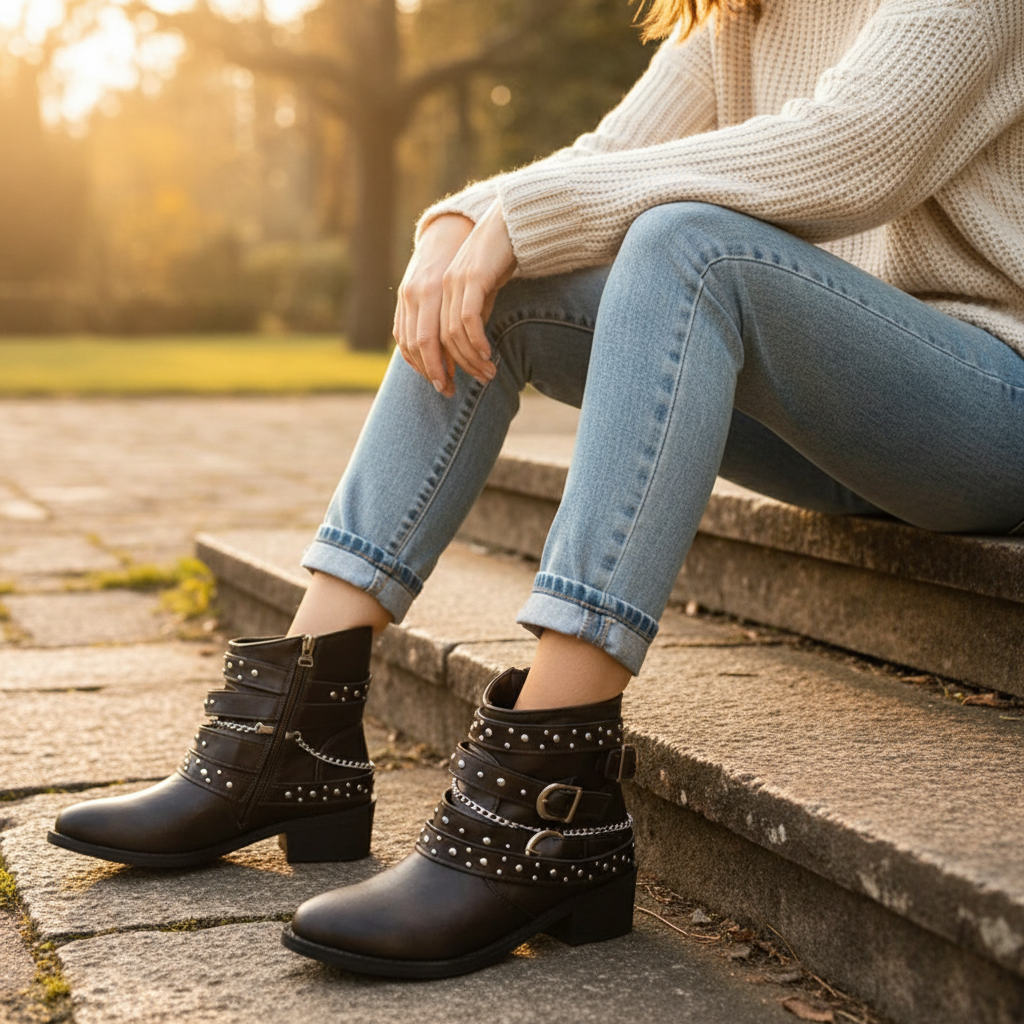 Studded Buckle Ankle Boots Vegan Leather Moto Strappy Urban Block Heel Shoes