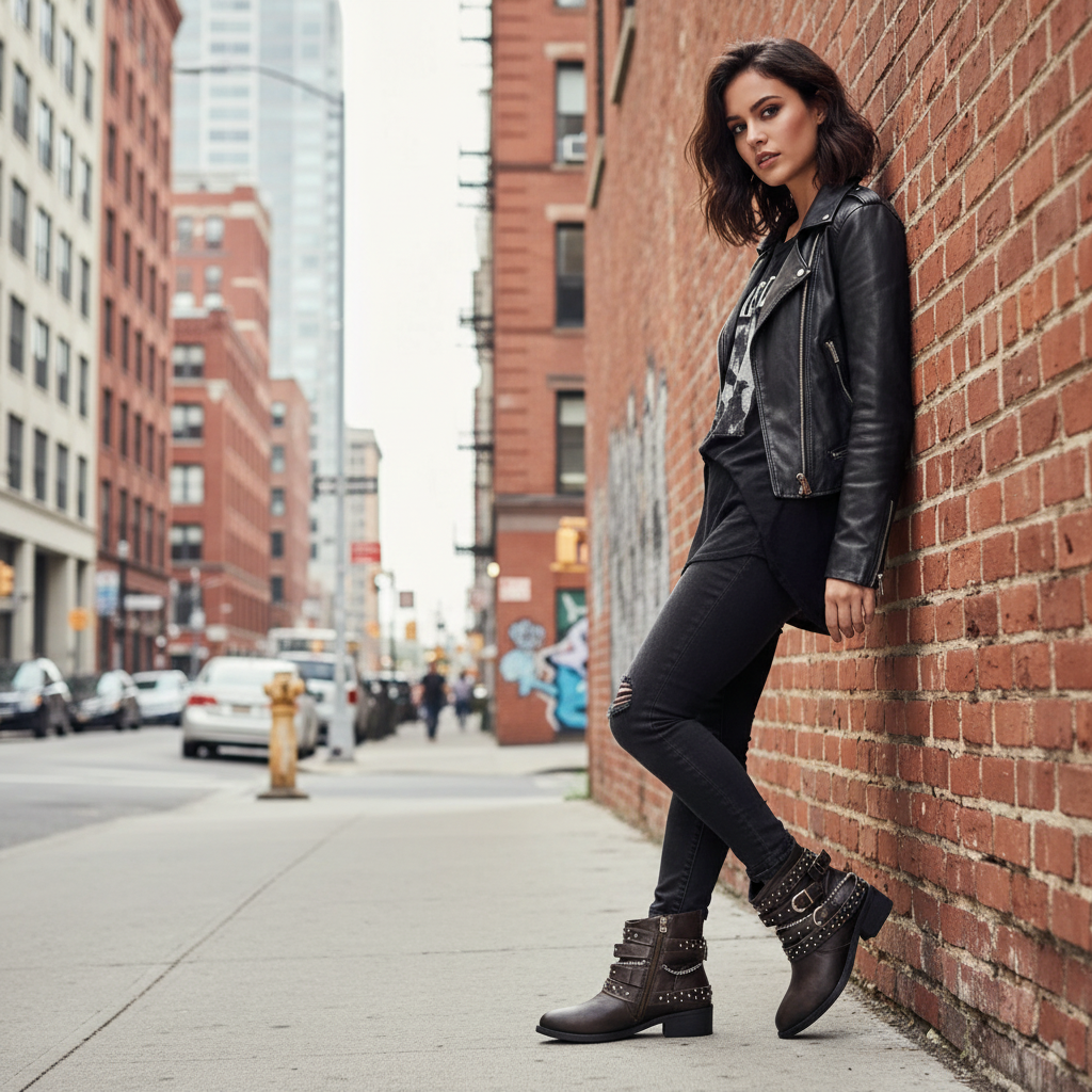 Studded Buckle Ankle Boots Vegan Leather Moto Strappy Urban Block Heel Shoes