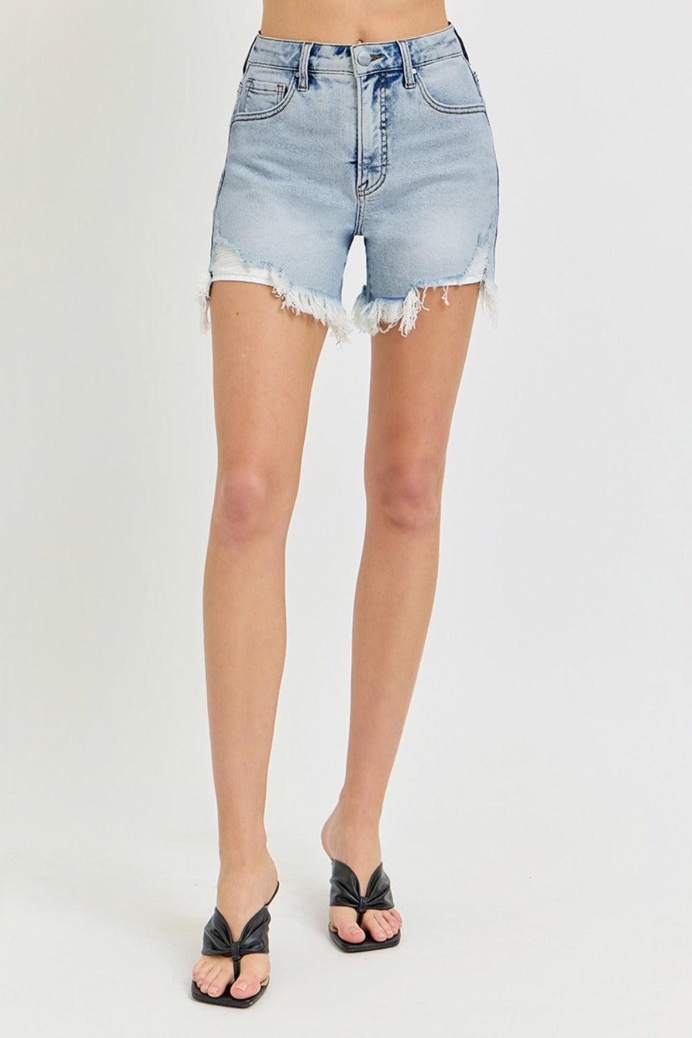 RISEN High Rise Waist Distressed Denim Cut-off Frayed Mid-length Step Blue Jean Shorts