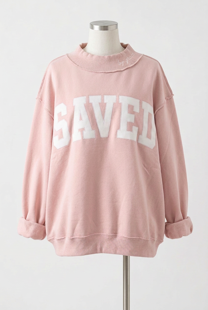 Saved By Grace Oversized Mock Neck Cotton Blend Sweatshirt Raw Seam Edge Pullover