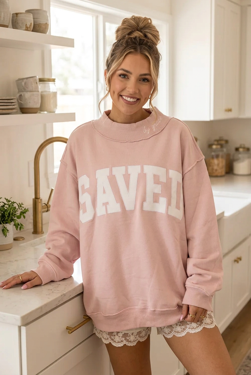 Saved By Grace Oversized Mock Neck Cotton Blend Sweatshirt Raw Seam Edge Pullover