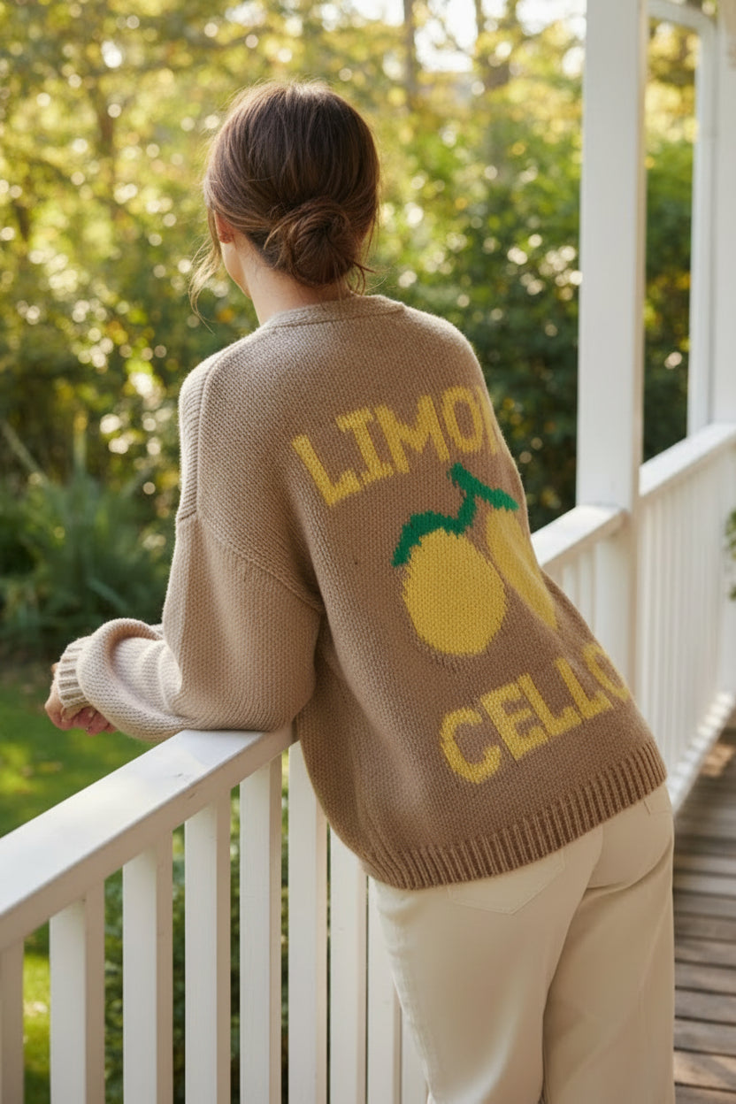 Limon Knit Oversized Lemon Button Front Sweater Long Sleeve V-neck Cardigan