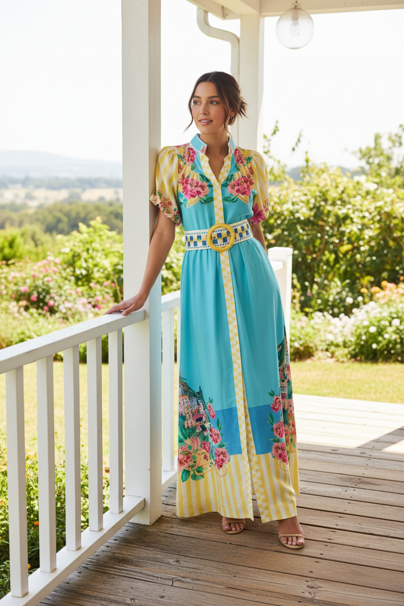 Garden Floral Button-Up Mock Neck Puff Sleeve Wide Belt Slit Front Maxi Dress