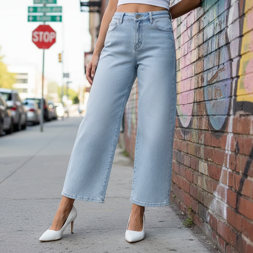 Risen High Rise Waist Baggy Cropped Barrel Leg Jeans Relaxed Fit Denim Pants Light Blue