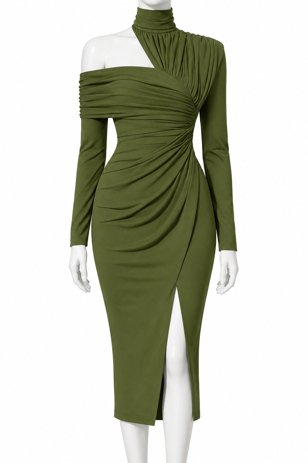 Asymmetrical One Shoulder Mock Neck Ruched Bodycon Midi Dress High Front Slit