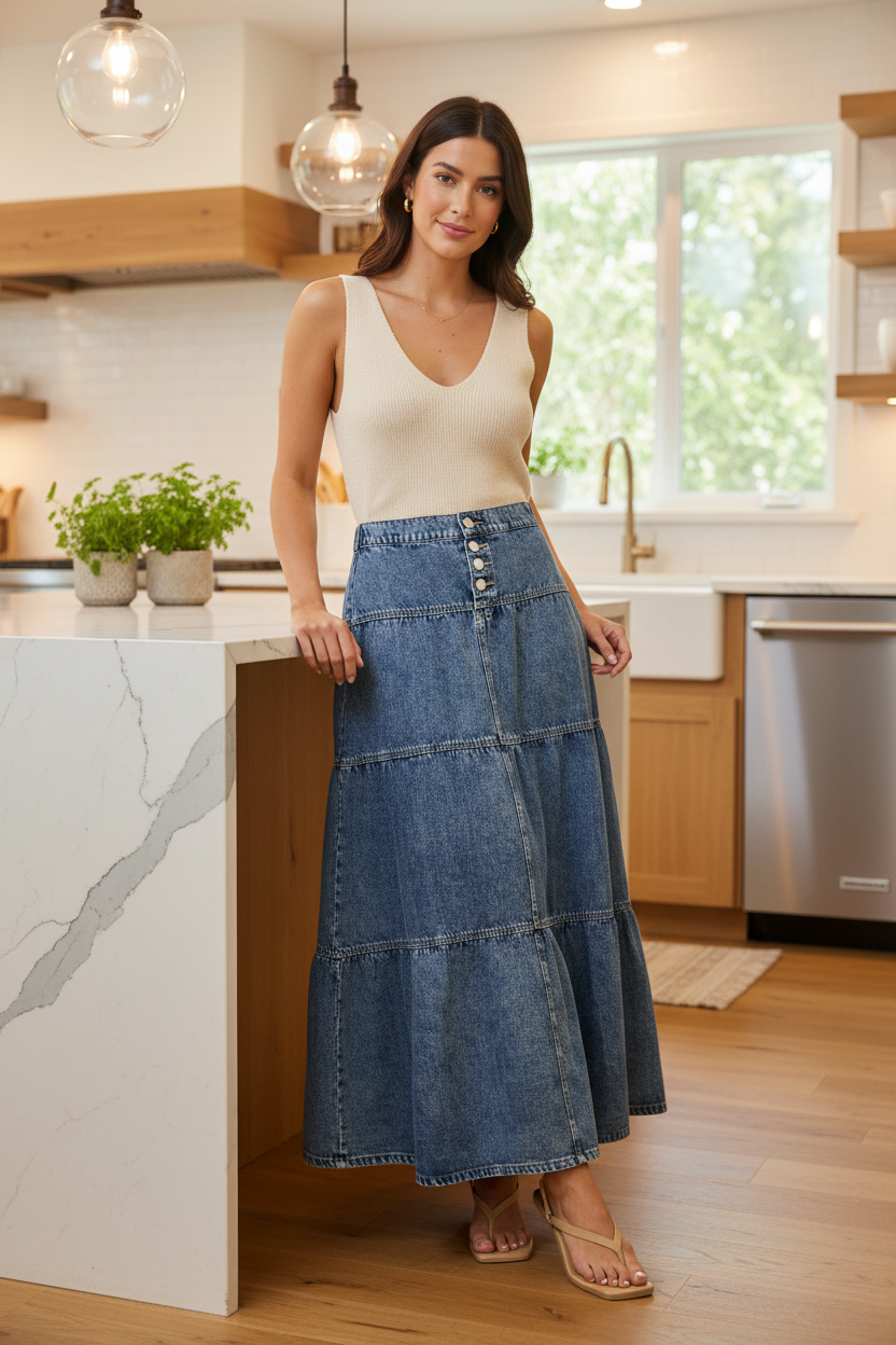 Risen High-Rise Button Front Elastic Waist Tiered Ruffle Cotton Denim Maxi Jean Skirt