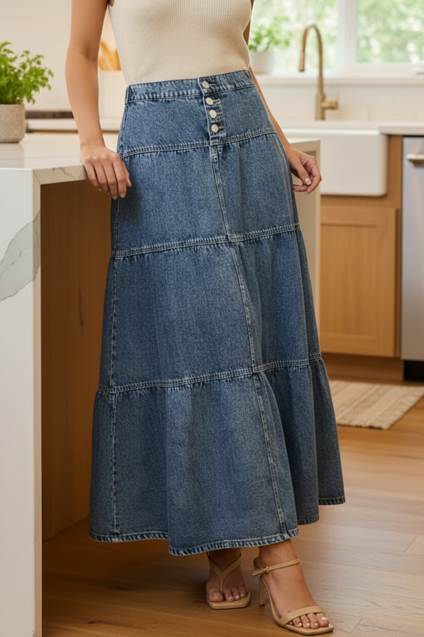 Risen High-Rise Button Front Elastic Waist Tiered Ruffle Cotton Denim Maxi Jean Skirt